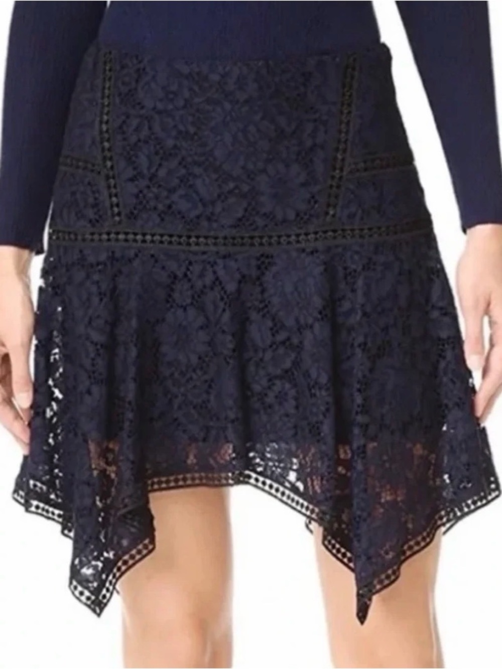Veronica Beard Navy Lace Asymmetrical Handkerchief Skirt